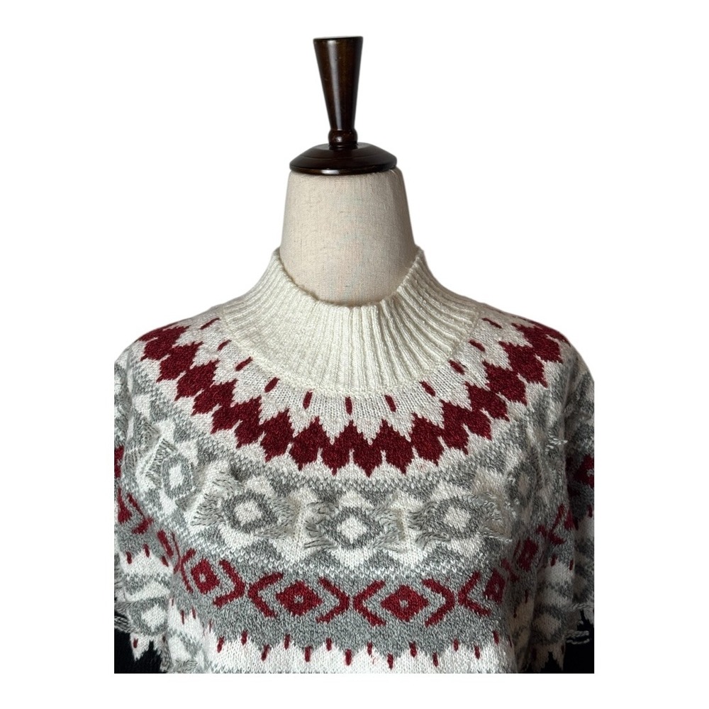 J Jill Sweater Women Medium Petite Black‎ Ivory Fair Isle Nordic Knit Mock Neck - Picture 4 of 12